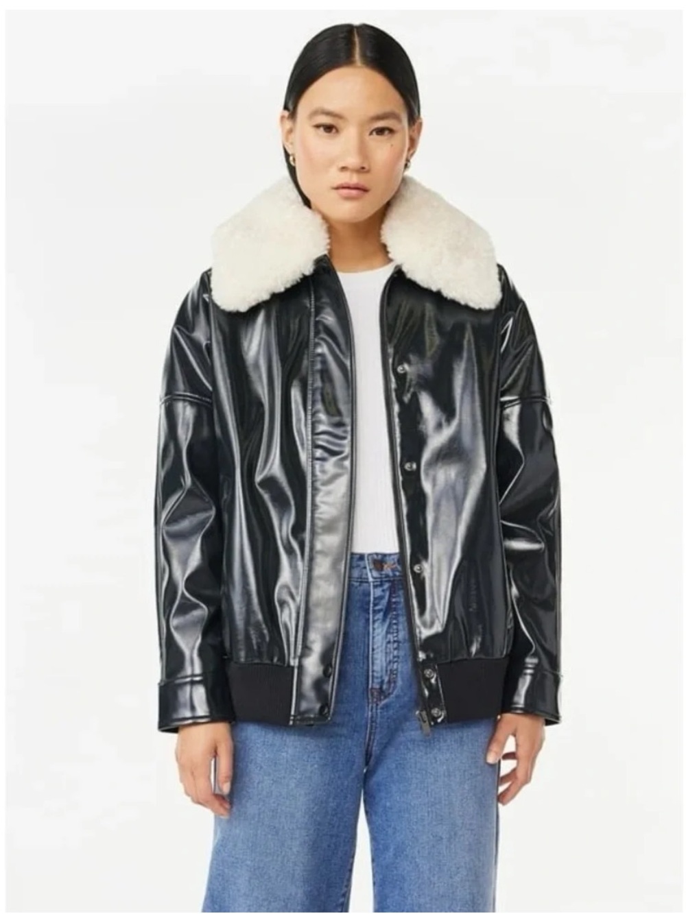 NWT Scoop Faux Leather Bomber Jacket with Faux Fur Collar - Black